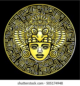 Linear drawing: decorative image of an ancient Indian deity. Magic circle. Gold imitation. Vector illustration isolated on a black background.