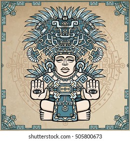 Linear drawing: decorative image of an ancient Indian deity. Motives of art Native American Indian. Ethnic design, tribal symbol. A background - imitation of old paper. Vector illustration.