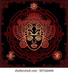 Linear drawing: decorative image of an ancient Indian deity. Magic circle. Vector illustration.