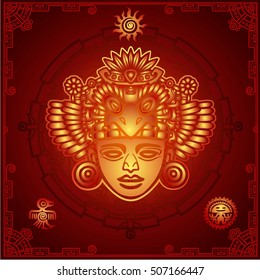 Linear drawing: decorative image of an ancient Indian deity. Magic circle. Vector illustration.