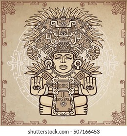Linear drawing: decorative image of an ancient Indian deity. Motives of art Native American Indian. Ethnic design, tribal symbol. A background - imitation of old paper. Vector illustration.