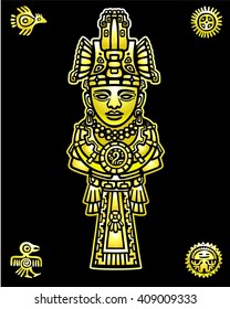Linear drawing: decorative image of the person. Motives of art of Indians Maya. Symbols of birds. The yellow isolated silhouette on a black background. Gold imitation.