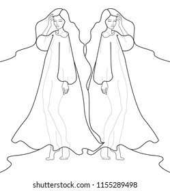 linear drawing depicting two beautiful twin girls with long hair in transparent long dresses, personifying the sign of the zodiac Gemini