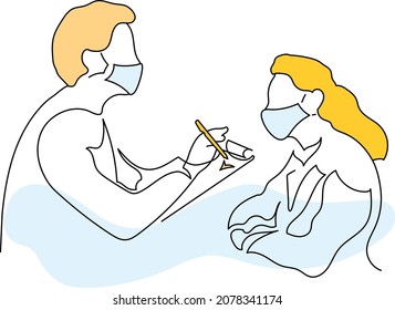 Linear drawing a doctor in a mask conducts a questionnaire survey of a woman patient. Takes a check mark on passing the test.
