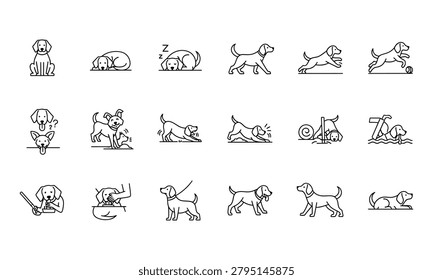 Linear drawing of dog habits and poses. Minimalist icons depicting puppies sitting resting eating jumping and swimming. Ideal for modern digital branding.