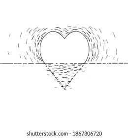 a linear drawing drawn by hand. Sunrise in the form of a heart. Metaphor