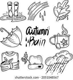 Linear drawing elements set. Autumn rain theme. elements of autumn clothes, paraphernalia, water. Lettering in the title. Vector graphics