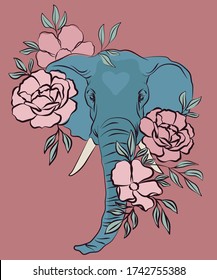 Linear drawing of an elephant and flowers. Modern illustration, Indian elephant head and pink flowers. sketch for tattoo. Vintage card with a big mammoth. African animal with exotic plants