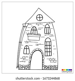 Linear drawing of a fairy-tale house, for printing, coloring , and other design elements. Two- story house with an arch. Vector illustration. 