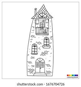 Lineare Zeichnung eines Märchenhauses zum Drucken, Färben und anderen Design-Elementen. Backsteinhaus mit Balkon. Vektorillustration.