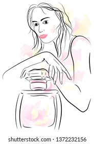 Linear drawing fashionable girl with a perfume. Perfume fragrance develops around a stylish woman. Floral fragrance of pink perfume on the neck of a modern girl.