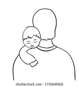 Linear drawing father with a son in his arms. Fathers day. Vector illustration on white background. For cards, posters, decor, t-shirt design, logo.
