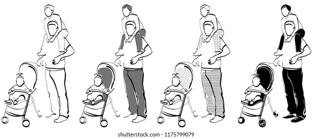 linear drawing, father with two children. Vector illustration, isolated objects