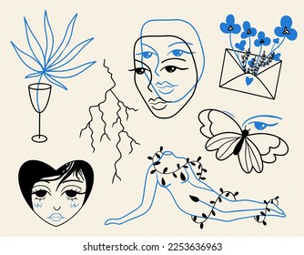 Lineare Zeichnung von weiblichem Gesicht, Körper, Schmetterling, Pflanze in Weingläsern, Herz, Umschlag. Psychedelischer Stil, handgezeichneter Cartoon, Skizzen für Tattoo.