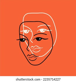 Linear drawing of a female face, twins. Split face, psychedelic style, hand drawn cartoon, bright postcard.