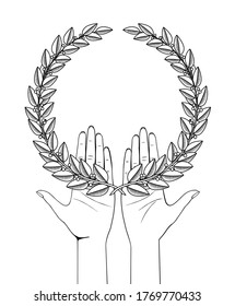 Linear drawing of female hands holding a laurel wreath isolated on white. Winner sign and banner. Vector illustration