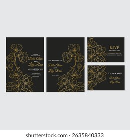 Linear drawing with flowers and leaves in golden colors. Engraved illustration of water lily in outline style for spa, Monochrome etching for wedding card.