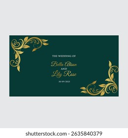 Linear drawing with flowers and leaves in golden colors. Engraved illustration of water lily in outline style for spa, Monochrome etching for wedding card.