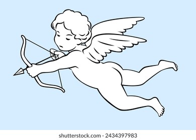 Linear drawing of a flying cupid with wings and shooting an arrow from a bow. Vector illustration