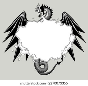 Linear drawing of a flying and fire breathing dragon with wings and crown. Vintage engraving black and white stylized drawing. Vector illustration