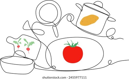 Linear drawing with food and utensils. Vector Background. One line art Style. Frame with Organic Food. Can be also yused like Banner, Flyer, Texture.
