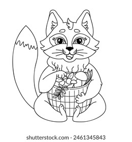 Linear drawing of fox with basket of mushrooms and berries. Child's character for coloring book. Simple drawing of an animal. Forest Wild Animals. Vector outline cartoon illustration.