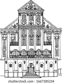 Linear drawing of a fragment of the Belarusian castle of Nesvizh. Architecture Of Belarus. Vector illustration in linear form. Coloring book for children and adults.