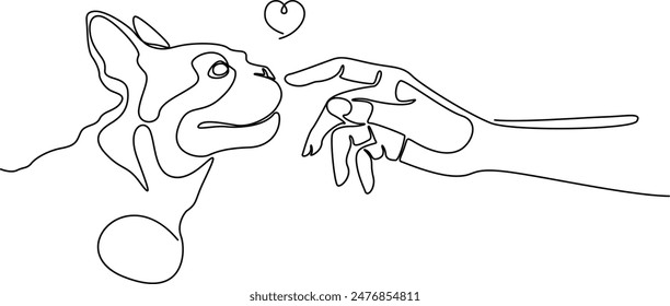 Dibujo lineal del hocico de un bulldog francés y la mano de una mujer. El perro es el mejor amigo humano. Cara de perro linda, minimalismo. Tatuaje de mascota. Mascota, la mano y el corazón del propietario