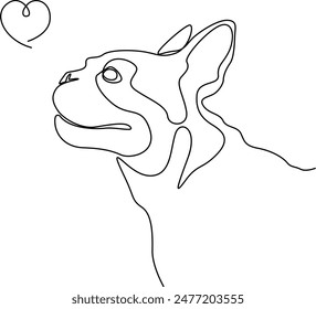 Dibujo lineal de un hocico, perro y corazón bulldog francés. Un perro es el mejor amigo del hombre. Cara de perro linda, minimalismo. Tatuaje de mascota