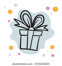 Linear drawing of a gift with a bow. Drawing in doodle style.