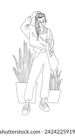 Linear drawing of a girl against a background of indoor plants. The character is not a real person.  Image Trace