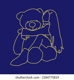 Linear drawing of a girl and a big bear. Hugs with toys. Girl and teddy bear. Blue background and yellow neon. Colors of Ukraine. Line drawing.