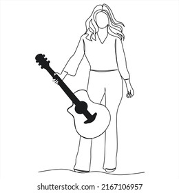 Linear drawing of a girl with a guitar. Vector illustration in musical style