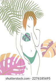 Dibujo lineal de una chica. Niña en el fondo de plantas tropicales. Hojas. palmeras. Verano