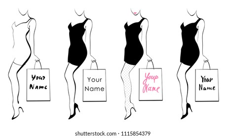 linear drawing of a girl with a package for purchases. There is a place for your text on it. Isolated objects, vector illustration