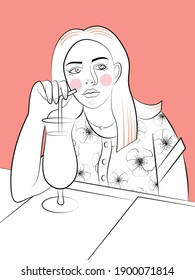 A linear drawing of a girl sitting at a table in a cafe. Illustration for coloring.