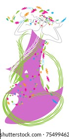 Linear drawing of a girl in a suit of Spring, in a light dress  and a hat, decorated with flowers,