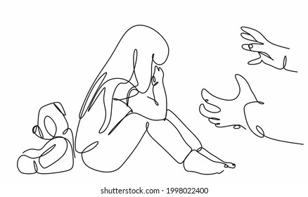 a linear drawing of a girl with a toy and men's hands threatening a child, the concept of domestic violence against children.