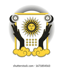 Linear drawing of a golden sun in hands. Vector vintage illustration, magic alchemy spirituality zodiac symbol. Poster or fabric print design