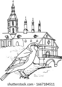 Linear drawing of a Goldfinch on the background of the Belarusian castle of Nesvizh. Architecture Of Belarus. Vector illustration in linear form. Coloring book for children and adults.