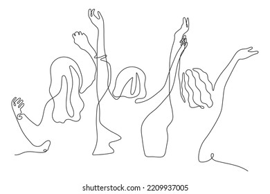 Linear Drawing Group Of Women. Hands Up. Group Of Applause People, Continuous One Line Vector Illustration. People Standing At Concert, Meeting. Concept Of Happy Audience.