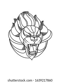 Linear drawing, growling lion, black on white. Symbol of strength and bravery.