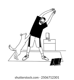 Linear drawing of a guy doing yoga online with his dog. Vector illustration