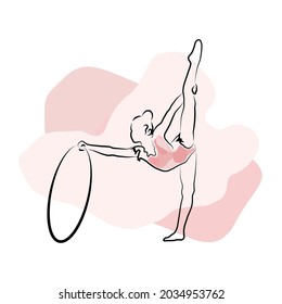 A linear drawing of a gymnast. The girl is practicing in gymnastics with a hoop. On an abstract background. Line art