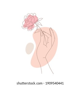 linear drawing hand holds a flower and abstract spots on the background, illustration by hand on a white background