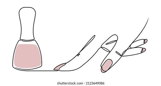 Linear drawing of a hand and nail polish on a white background. Sketch stylized illustration for the design of beauty and manicure salons. Vector hand drawn illustration.