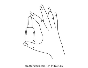 Dibujo lineal de una mano y esmalte de uñas. Mano de mujer sosteniendo botella de esmalte de uñas. Manicura. Ilustración para un salón de belleza