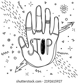 Linear drawing of a hand on a black white with the inscription "STOP", vector