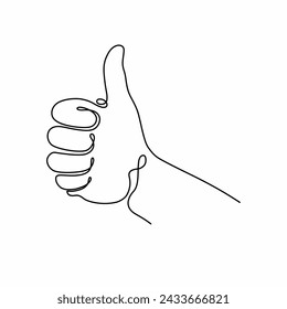 A linear drawing of a hand in the style of line art, showing a thumbs up - a like sign. Vector illustration