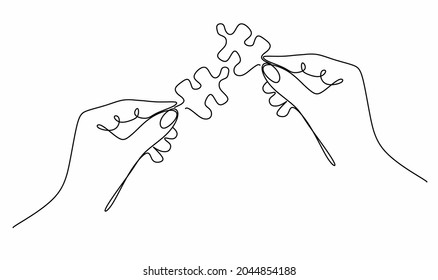 linear drawing of hands with vector puzzles Business solution concept, success, strategy and time, puzzle symbol, creative team collaboration,